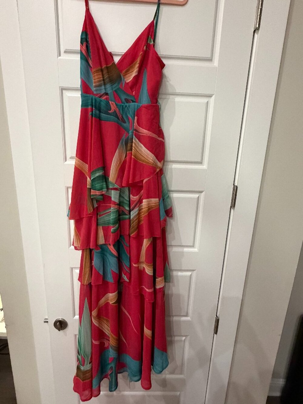 Tropical Print Ruffle Maxi Dress Pink Teal Spaghetti Strap (Medium)